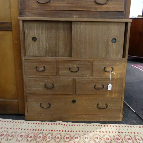 OLD JAPANESE SMALL TANSU CHEST 6 drawer + 2 door H.600mm faintly limed finish