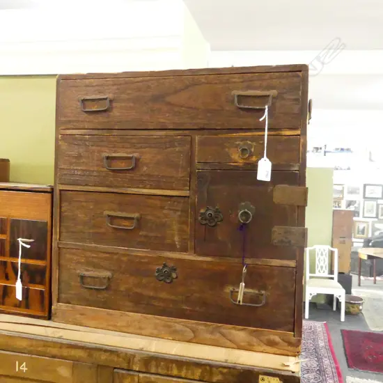 JAPANESE SMALL TANSU CHEST 7 drawer 1 door H.470mm old & rustic