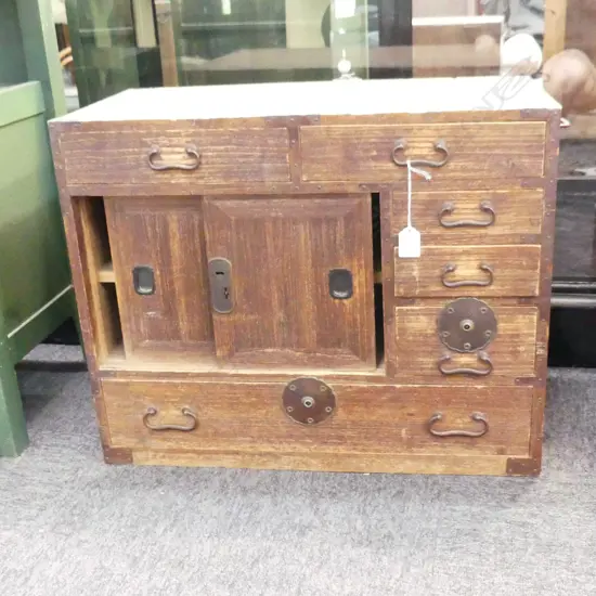 c1900 JAPANESE SMALL TANSU CHEST 6 DRAWER + PR DOORS H.480mm.