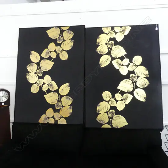 2 LGE BLACK & GOLD ARTWORKS gold leaves on black 1025 x 1420mm