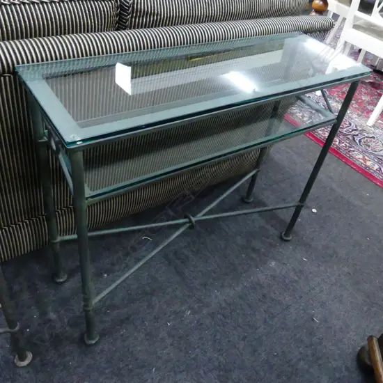 CONTEMPORARY IRON CONSOLE TABLE w. GLASS TOP & SHELF 900x300x750mm