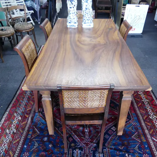 WOODEN SLAB DINING TABLE - BASE PEGGED + 5 CHAIRS (2 FAULTED) 2090x1020x800mm