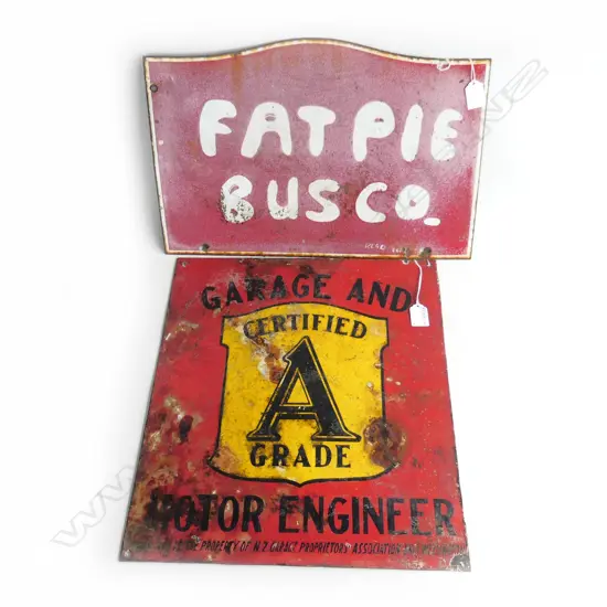 2 OLD ENAMEL SIGNS. 'GARAGE AND MOTOR ENGINEER' 430X380 & 'FAT PIE BUS CO' 310X450mm