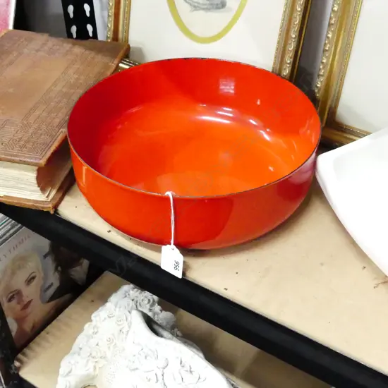 LG RED ENAMEL BOWL BY KAJ FRANCK FOR ARABIA, DIA 260mm Few spots of wear to colour