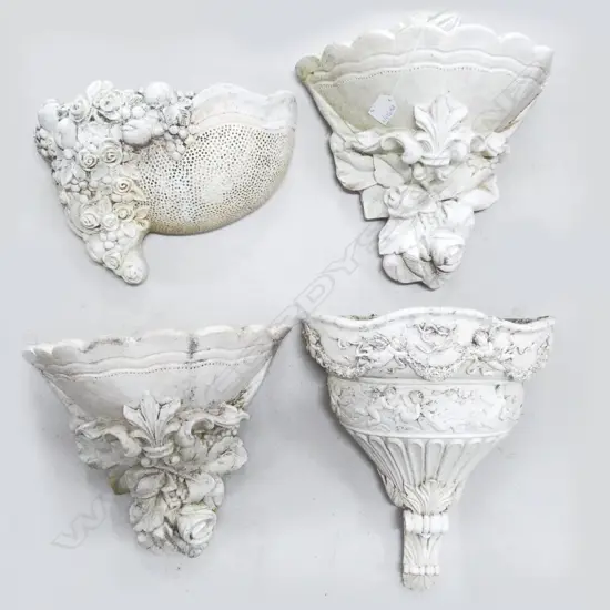 4 WHITE CONCRETE WALL MOUNTED PLANTER POCKETS (1 CHIPPED) H.300mm