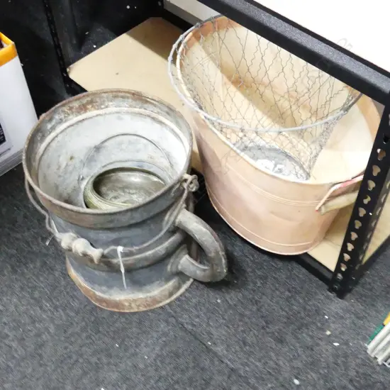 5 METAL PCES; BUCKETS W.420mm, WIRE BIN, BRASS BOWL