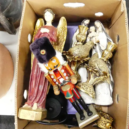 BOX LOT RESIN ANGEL, NUTCRACKER, PR GOLD QUAIL CANDLESTICKS, KETTLE ETC