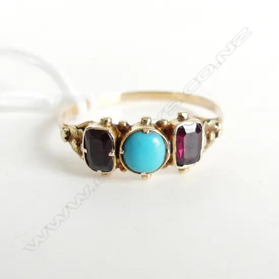 GEORGE III 15ct GOLD GARNET & TURQUOISE RING 1.4gms