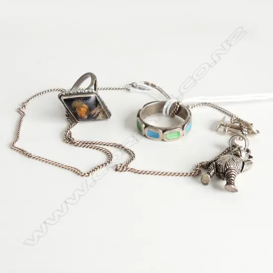 4 SILVER PCS: ARTICULATED TEDDY BEAR,  BUTTERFLY RING, ENAMEL RING & CHARM  ON CHAIN, TOTAL 11gm