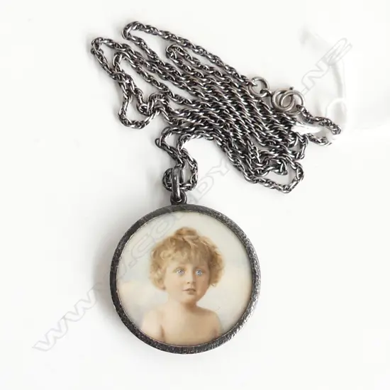 MINIATURE PORTRAIT PENDANT ON IVORY, S/SILVER CHAIN 58cm