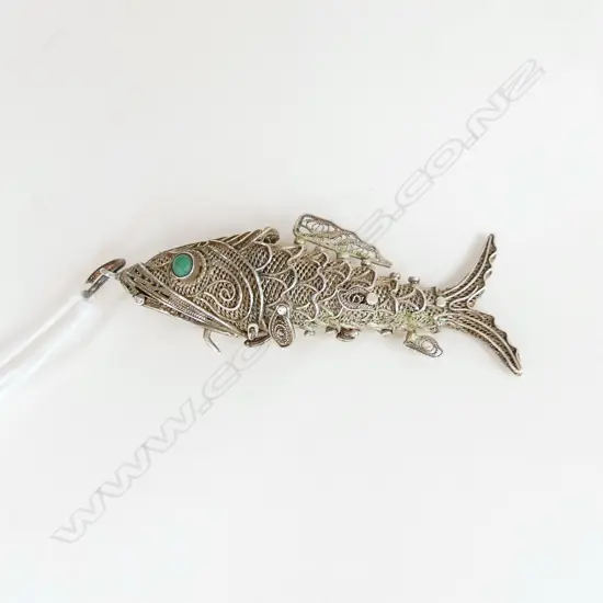 VINTAGE SILVER ARTICULATED FISH PENDANT  w opening mouth compartment turquoise eye