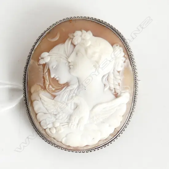 LGE ANTIQUE CARVED CAMEO 2 MAIDENS under crescent moon SILVER FRAME