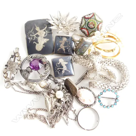 BAG mostly SILVER JEWELLERY: 4 NECKLACES + SIAM BROOCH & EARRINGS + brooches ring etc 92gms  