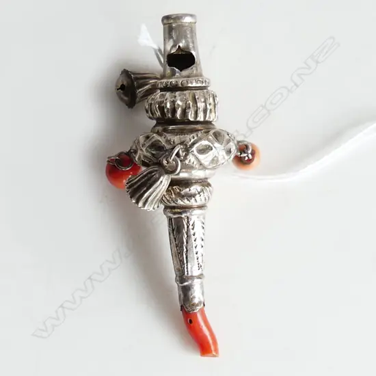 VICT. SILVER & CORAL BABIES RATTLE TEETHING RING WHISTLE Birmingham 1874