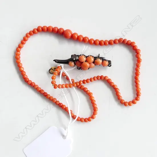 OLD MEDDITEREAN RED CORAL NECKLACE & BROOCH W SILVER FRAME & seed pearl highlights