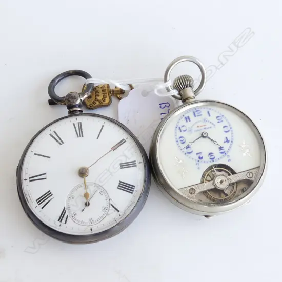 S/SILVER OPEN FACED POCKET WATCH & SWISS POCKET WATCH