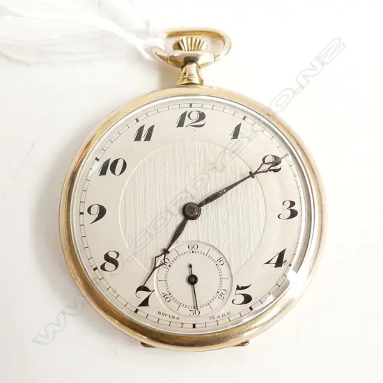 SWISS ROLLED GOLD 15 jewel POCKET WATCH Arabic numerals. running