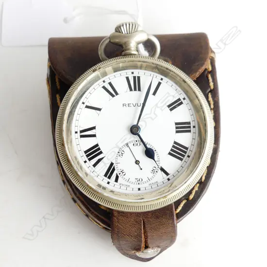 EARLY/MID 20THC REVUE POCKET WATCH running. In leather pouch case