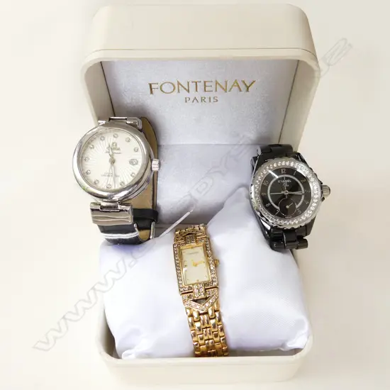3 LADIES WRIST WATCHES; OMEGA, CHANEL? & FONTENAY (BOXED)