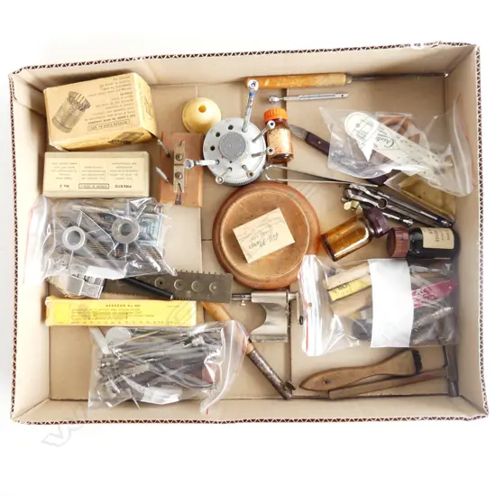 TRAY OF VINTAGE WATCH MAKERS TOOLS ETC