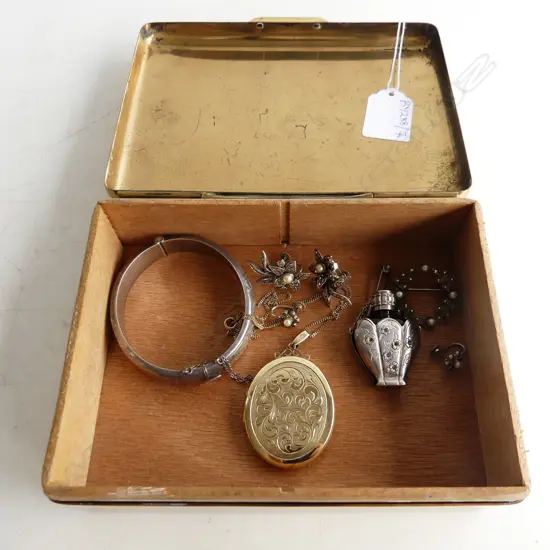 GOLD METAL CIGAR BOX W.170mm w. STG BANGLE & SILVER GILT LOCKET ETC