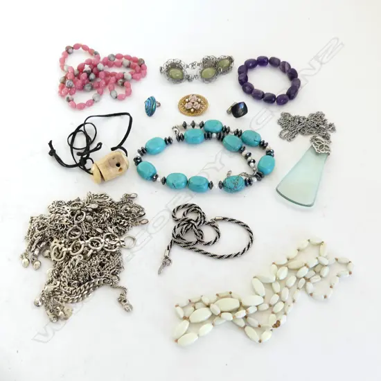 ASST SILVER & COSTUME JEWELLERY NECKLACES. SILVER & PAUA RING. AMETHYST bracelet etc