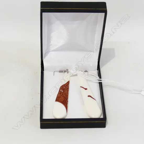 PAIR CARVED BONE MAORI THEME DROP EARRINGS