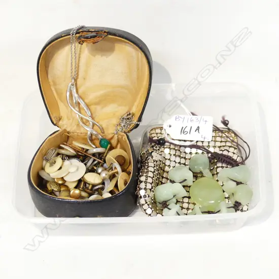 ASST. ANTIQUE MoP SHIRT STUDS, PURSE, NECKLACE, JADE BRACELET