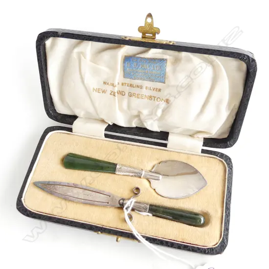BOXED SILVER & GREENSTONESPOON & PAGE MARKER Hamilton retailers label