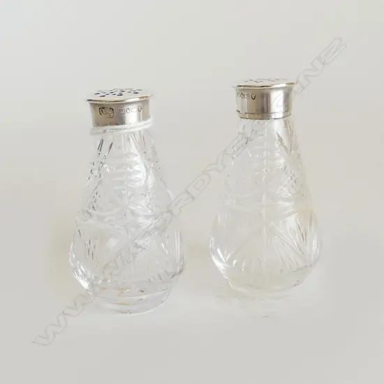 VICTORIAN STERLING SILVER & CUT CRYSTAL SALT & PEPPER BIRMINGHAM 1884 (LIDS ARE A GOOD SOLID FIT) H. 62MM