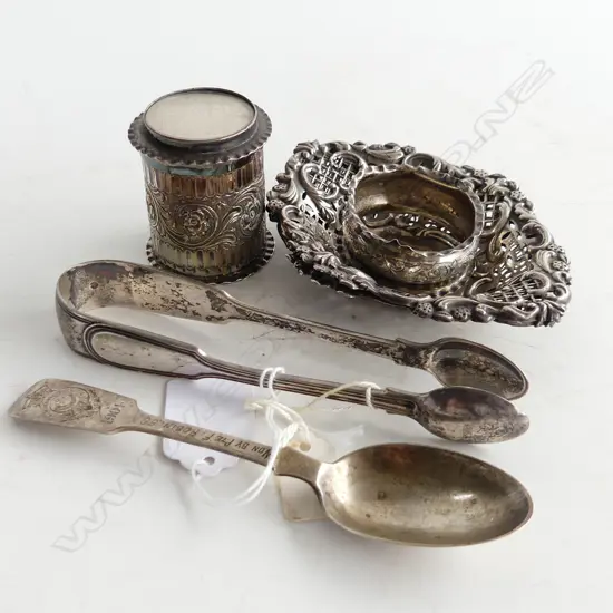 6 PCES STG SILVER; PR DISHES, NAPKIN RING, CONTAINER, TONGS 171 GRAMS