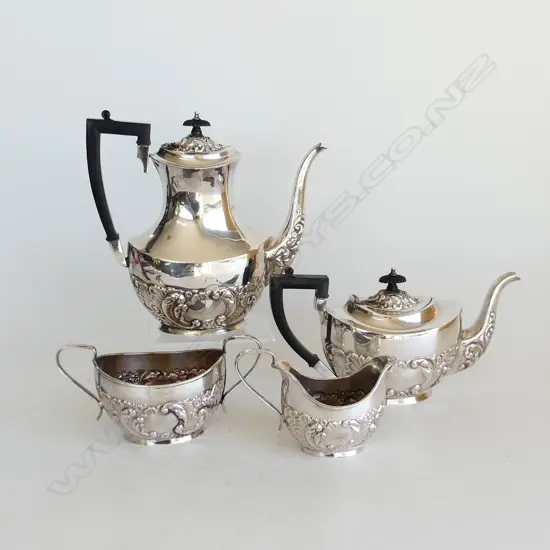 ART NOUVEAU SILVER PLATED 4 PIECE TEA SET INCLUDES TEAPOT, COFFEE POT, MILK JUG & SUGAR BOWL H. 26CM (COFFEE POT)