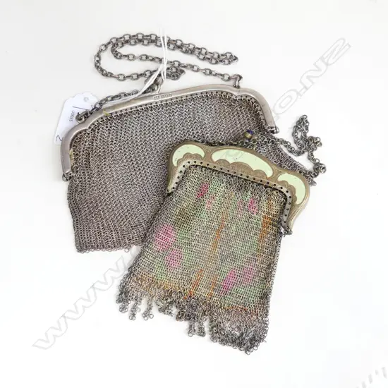 2 MESH PURSES. ONE POLYCHROMATIC OTHER STERLING SILVER  ( LONDON 112GMS)