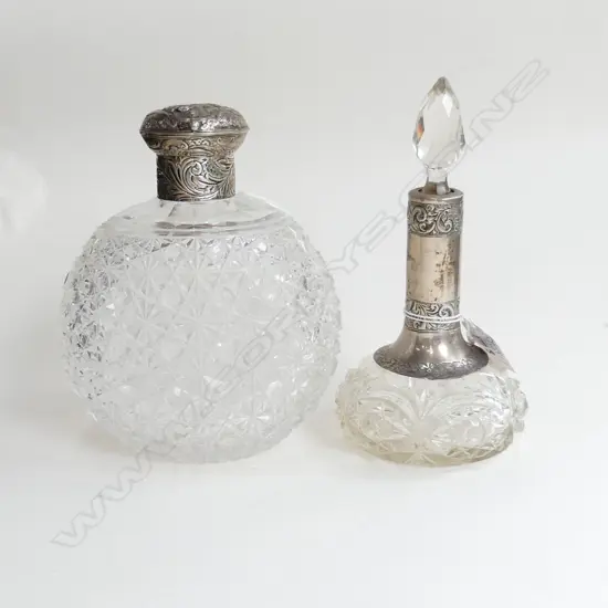 2 H.180mm SILVER TOPPED PERFUMES. (1) SWOLLEN SHAPE POINTED STOPPER (CHIP)  (2) STRAWBERRY CUT BASE TOP LONDON MARK