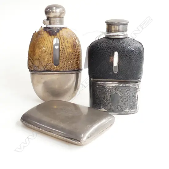 STERLING SILVER CIG CASE BIRMINGHAM  86GMS & 2 HIPFLASKS ONE SILVER BASE BIRMINGHAM 