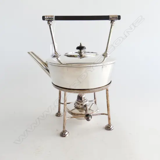 HEAVY SILVER PLATED BARKER BROS TEAPOT ON STAND W BAKELITE HANDLE (Christopher Dresser style)