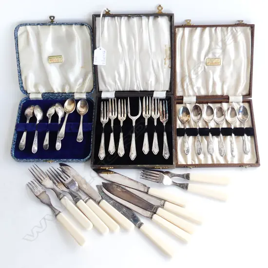 3 BOXED CUTLERY SETS; 2x 6 TEA SPOONS, 1x CAKE FORKS + 12 PCE IVORINE HANDLE FISH SET