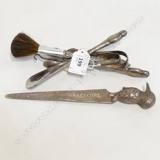 6 SILVER ITEMS BOOT HOOK SHOE LAST & RMS MAKURA LETTER OPENER WITH KOOKABURRA  FINIAL 