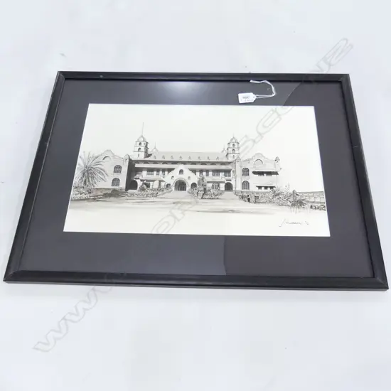 S. MORROW FINE INK DRAWING AUCKLAND GRAMMAR SCHOOL 285 X 470mm glass broken