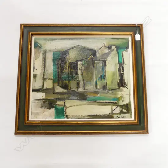 Lesley POCKLEY (1919-) CUBIST OIL 'ITALIAN FISHING VILLAGE' 430 X 510mm