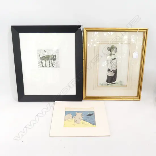 3 ARTWORKS; BABAR ELEPHANT PRINT, 'THE KING' A/P 120x130mm, LATE 19thC W/C OF A LADY 230x160mm