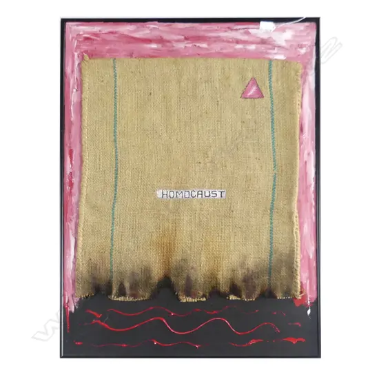 ALAN TAYLOR 'HOMOCAUST' ACRYLIC & HESSIAN ON BOARD, UNSIGNED, 830 x 590mm