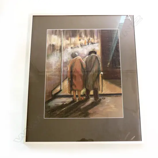 FRAMED PASTLE OLD COUPLE ON ROAD SIGNED ANGIE H770MM W640MM