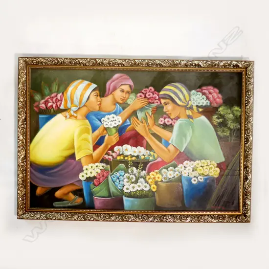 LARGE GILT FRAMED OIL GIRLS WITH FLOWERS SIGNED L1M H690MM