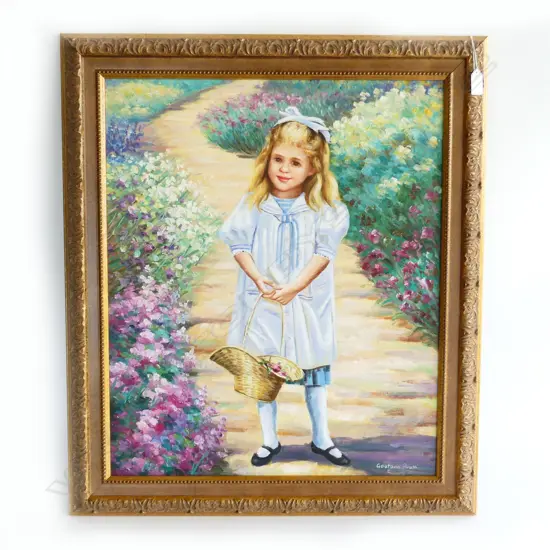 GOETANO PIRATTI, GIRL HOLDING BASKET OF FLOWERS, OIL ON CANVAS 600x500mm