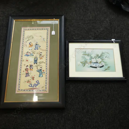 2 ORIENTAL EMBROIDERED ARTWORKS; FLOWERS 190x290mm / PANEL 540x220mm