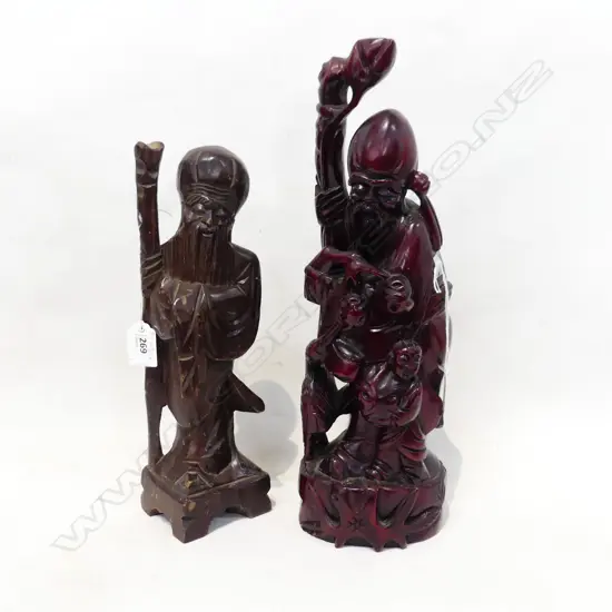 2 VINTAGE CARVED WOOD CHINESE FIGURES 380MM TALLEST