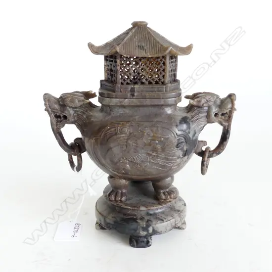 CARVED JADE STONE INCENSE CENSOR- 2 headed dragon with pagoda L.180mm (small professional repair)