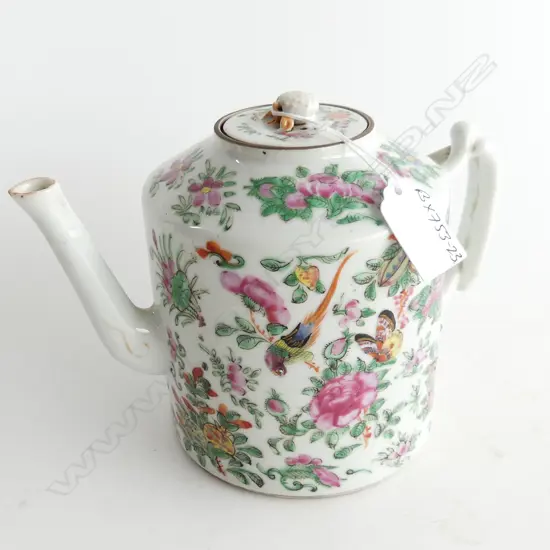19thc FINE CHINESE FAMILLE ROSE TEAPOT w birds & butterflies