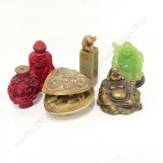 6 ASST. ORIENTAL PCES; 2 SNUFFS, 2 BUDDHA, CHOP SEAL, DREAM SHELL